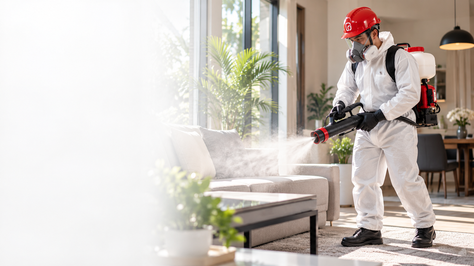 Teknisi Garda Pest dengan hazmat putih dan helm safety merah melakukan disinfeksi di dalam ruangan